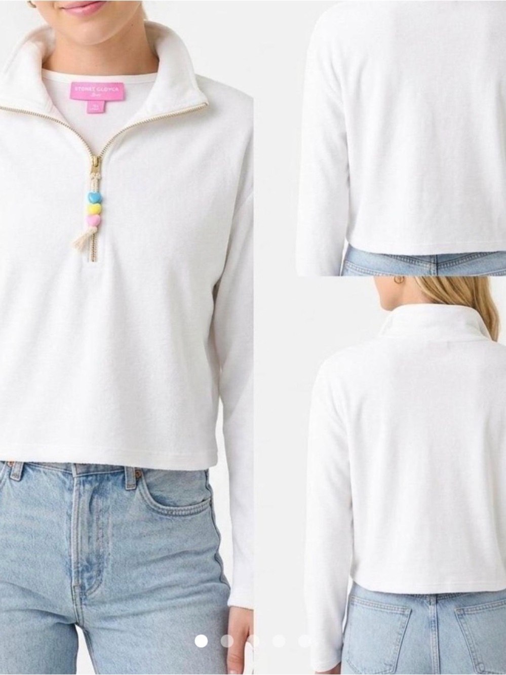 Stoney Clover Lane White Cropped Quarter-Zip Pullover with Multicolor Bead Pull